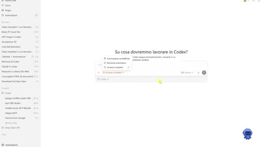 Menu a tendina con le modalità di accesso di Codex