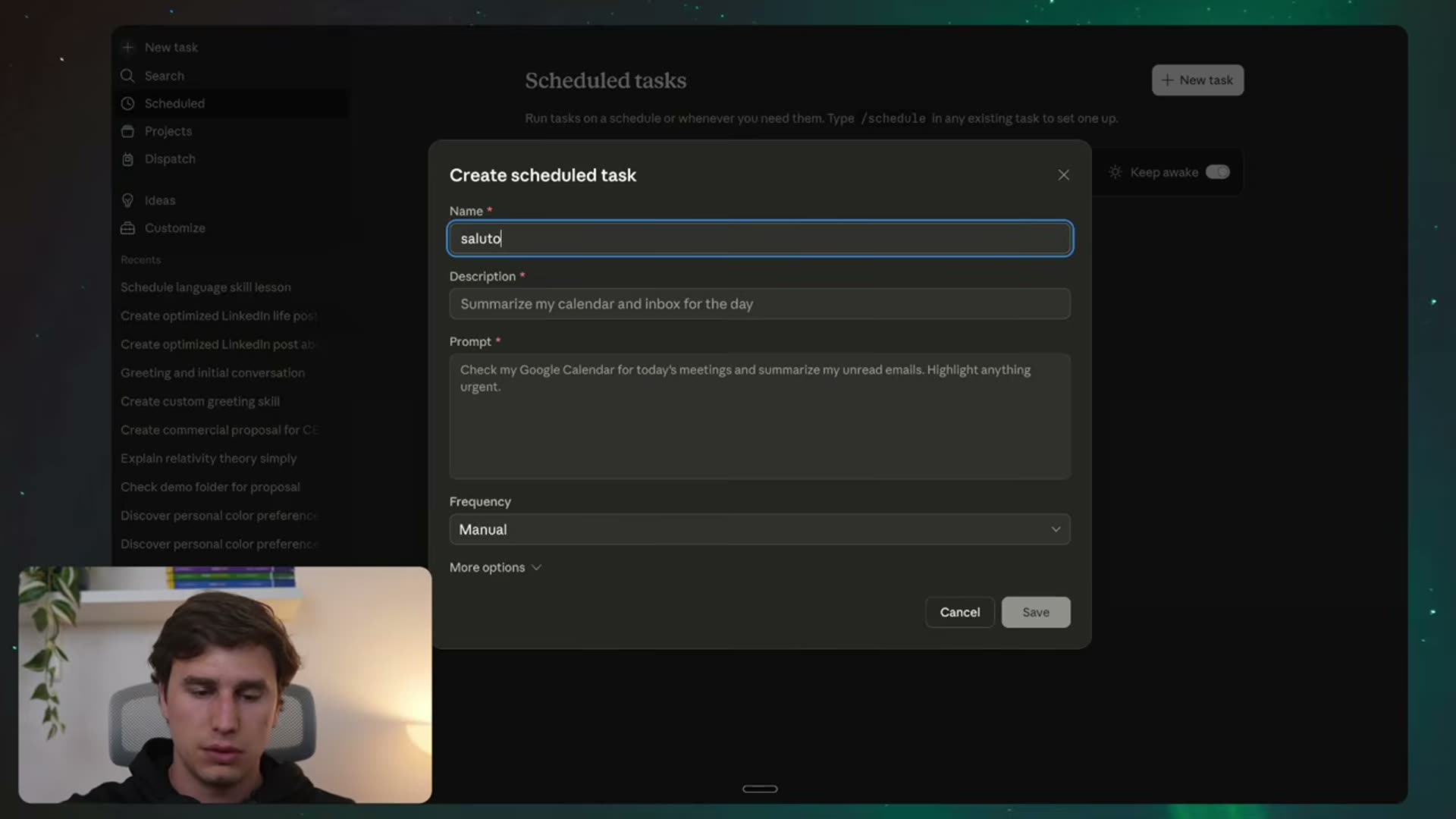 Pannello Create scheduled task