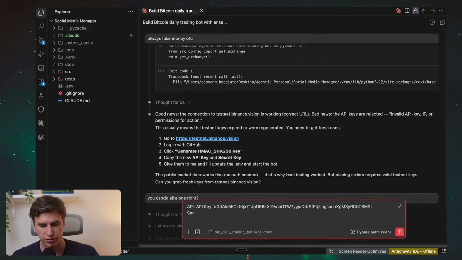 Dashboard localhost con Trade History: ordini BUY/SELL di BTC e log del bot
