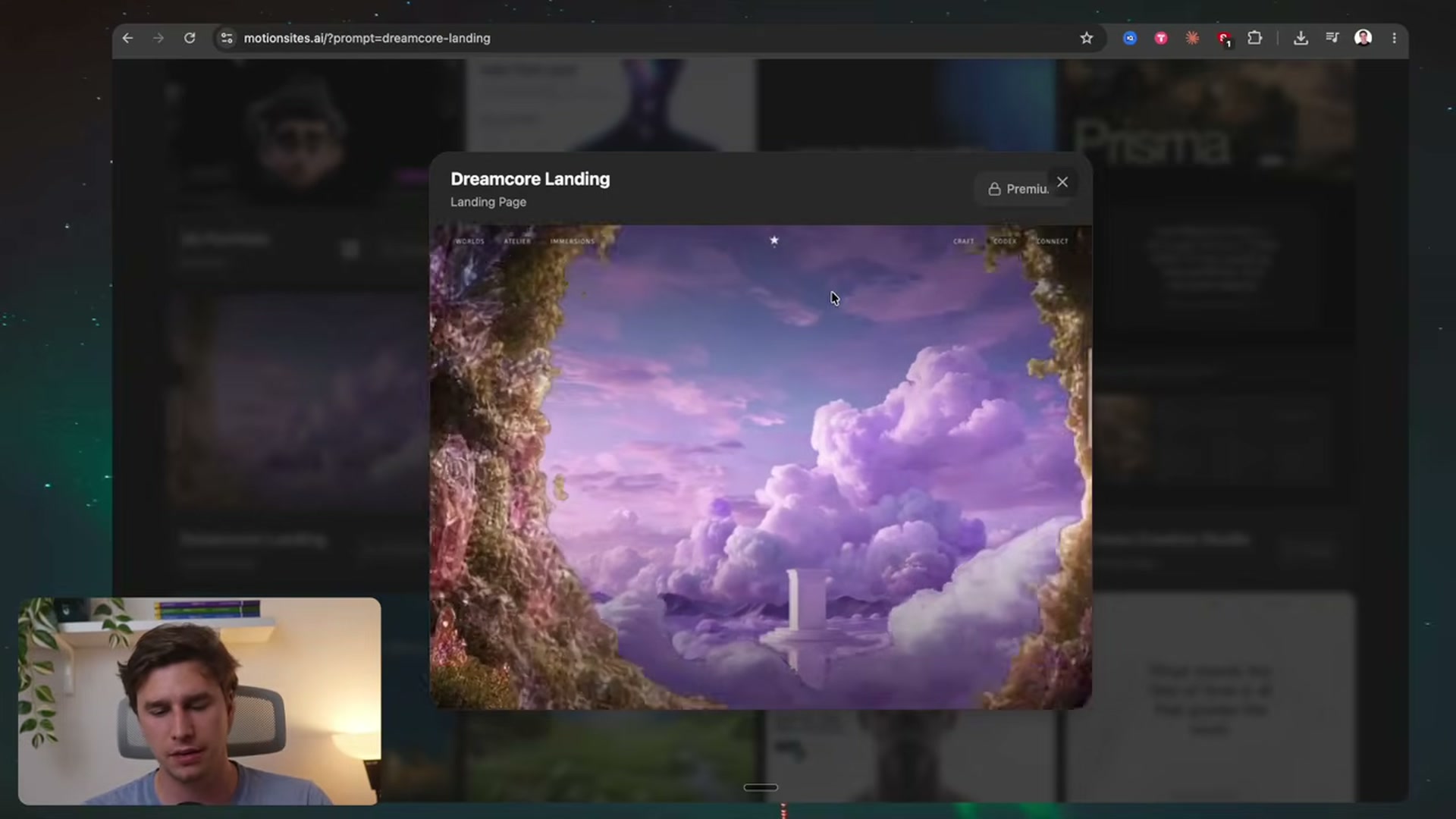 Builder con preview di una landing 'Dreamcore' immersiva