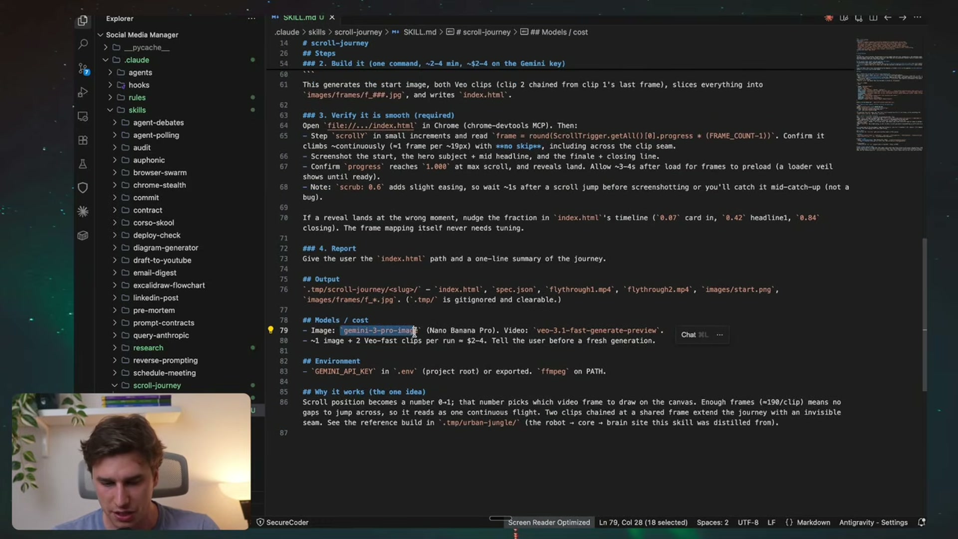 SKILL.md aperto nell'editor accanto al pannello di Claude Code