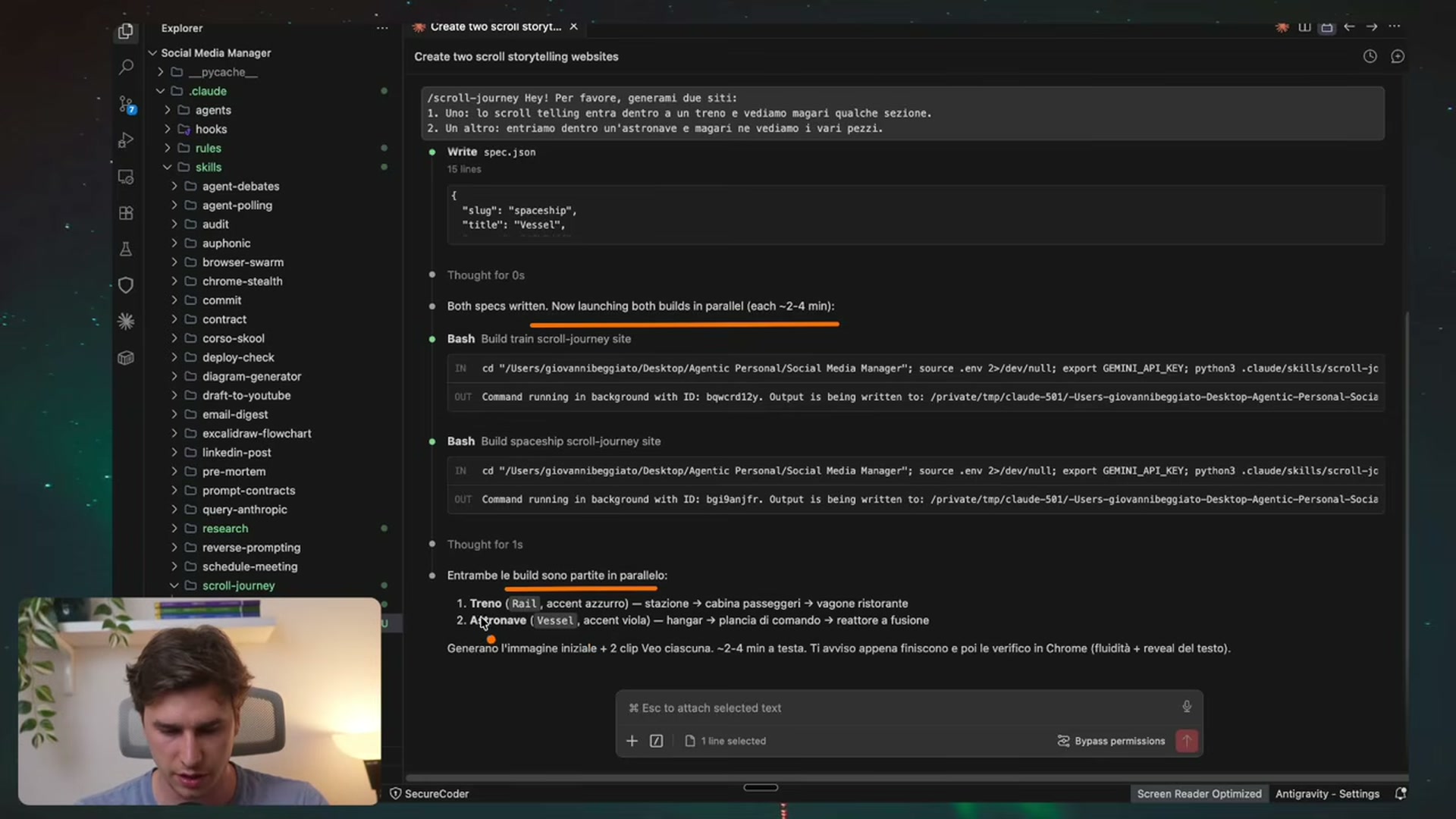 Claude Code che costruisce due siti scroll-journey in parallelo