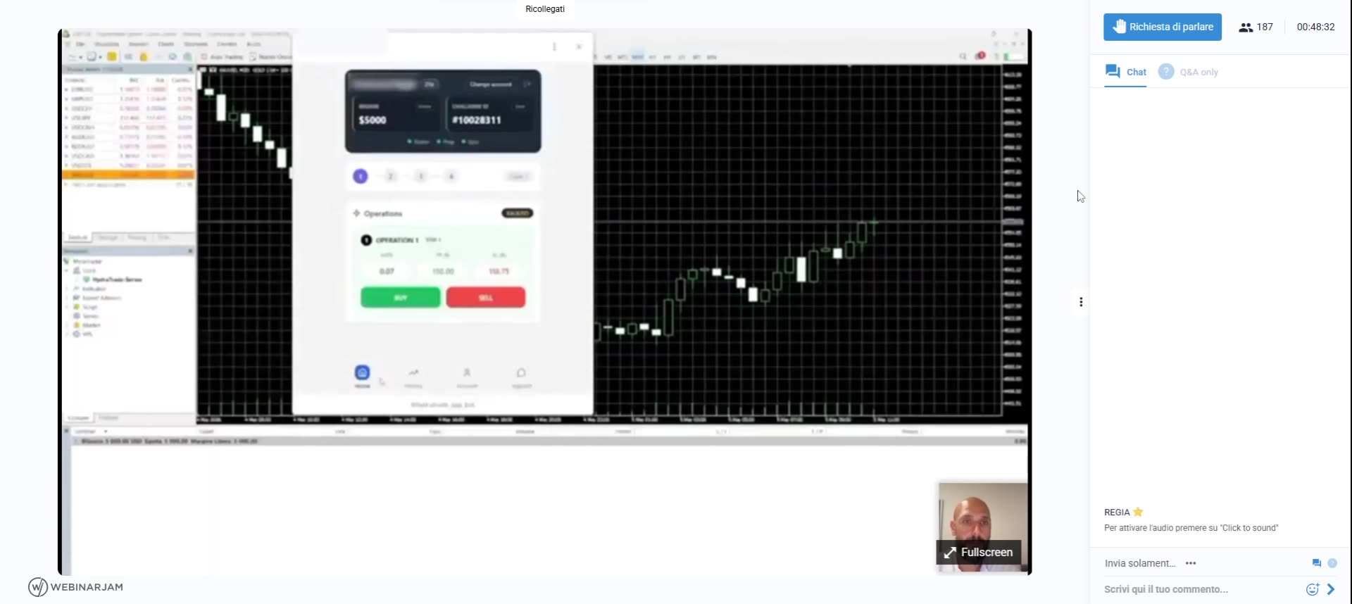 App HydraTrade su MT5: BUY/SELL, ciclo 1-2-3-4, conto $5000 con CHALLENGE ID